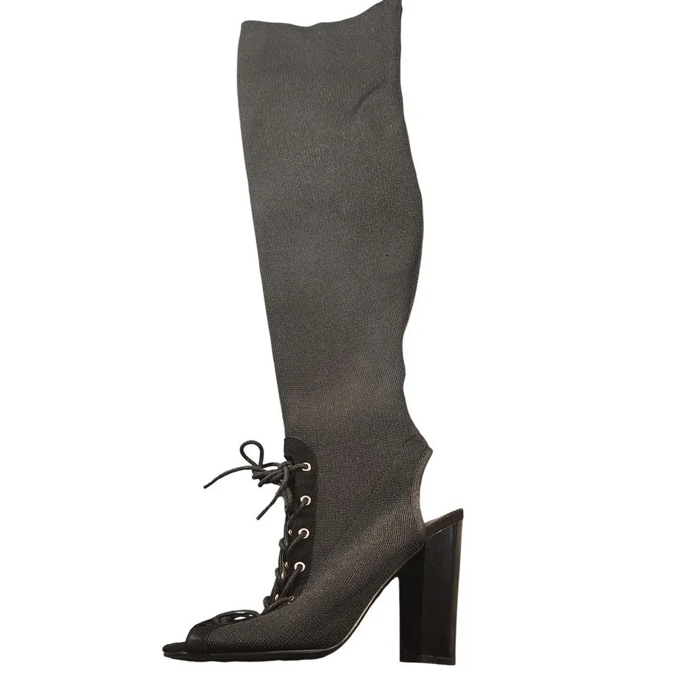 GUESS Sock Boots Womens Size 7.5 Black Over The Knee Lace Up Peep Toe Block Heel